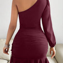 SXY Vestido ajustado de manga farol de un hombro fruncido bajo con fruncido