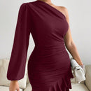 SXY Vestido ajustado de manga farol de un hombro fruncido bajo con fruncido