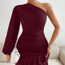 SXY Vestido ajustado de manga farol de un hombro fruncido bajo con fruncido