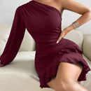 SXY Vestido ajustado de manga farol de un hombro fruncido bajo con fruncido