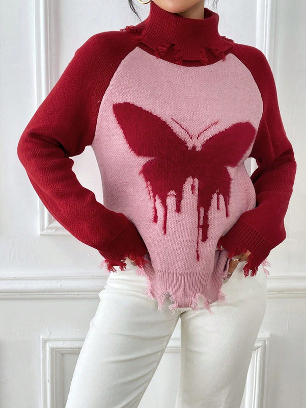 Essnce Sueter roto con patron de mariposa cuello alto de manga raglan