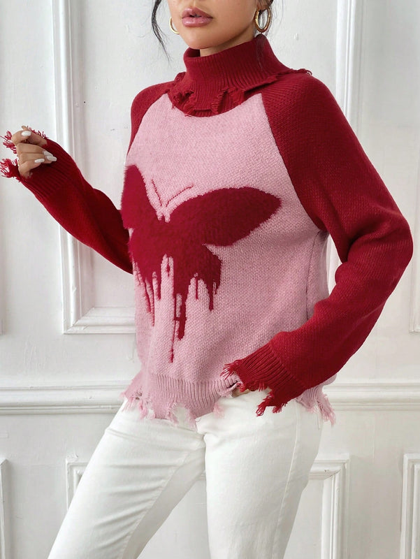 Essnce Sueter roto con patron de mariposa cuello alto de manga raglan