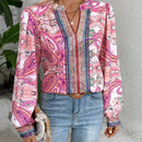 VCAY Blusa con estampado de paisley de cuello notch de manga farol