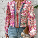 VCAY Blusa con estampado de paisley de cuello notch de manga farol