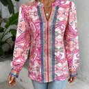 VCAY Blusa con estampado de paisley de cuello notch de manga farol
