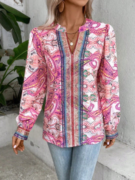 VCAY Blusa con estampado de paisley de cuello notch de manga farol