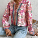 VCAY Blusa con estampado de paisley de cuello notch de manga farol