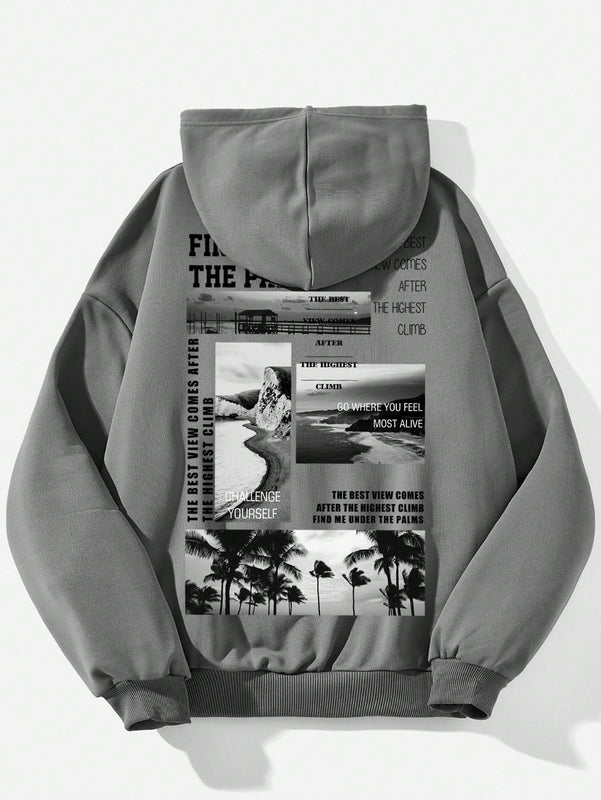 Ezwear sudadera con capucha informal con estampado de paisaje y letras oversize para otono e invierno