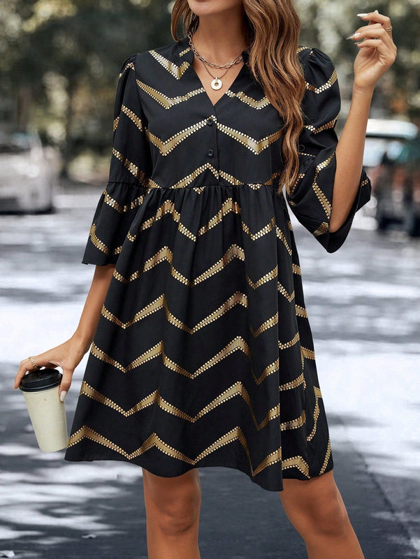 Vestido con estampado de cheuron con cremallera cuarta de manga farol