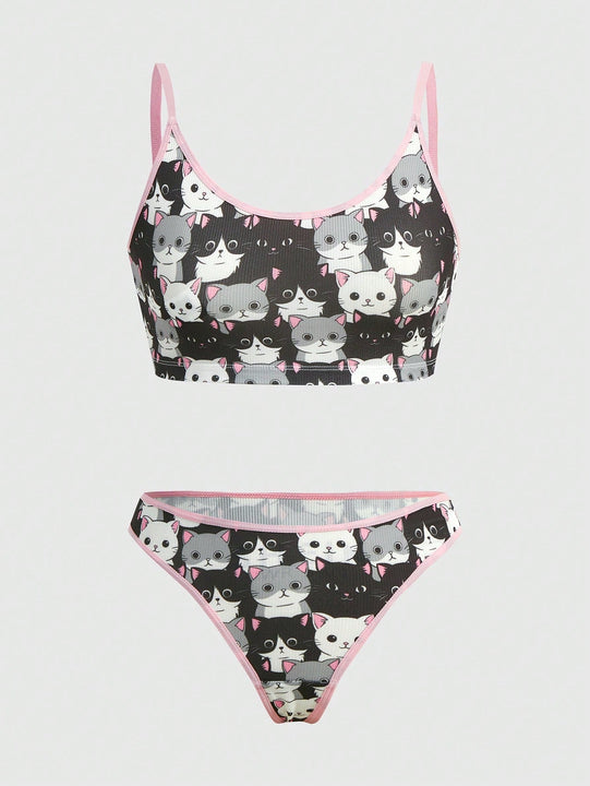 Set de lenceria con estampado de dibujos animados unido en contraste