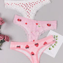 Mujer 3 piezas Tanga sexy dulce ribete con encaje en contraste con corazon & con cereza & con patron de fresa
