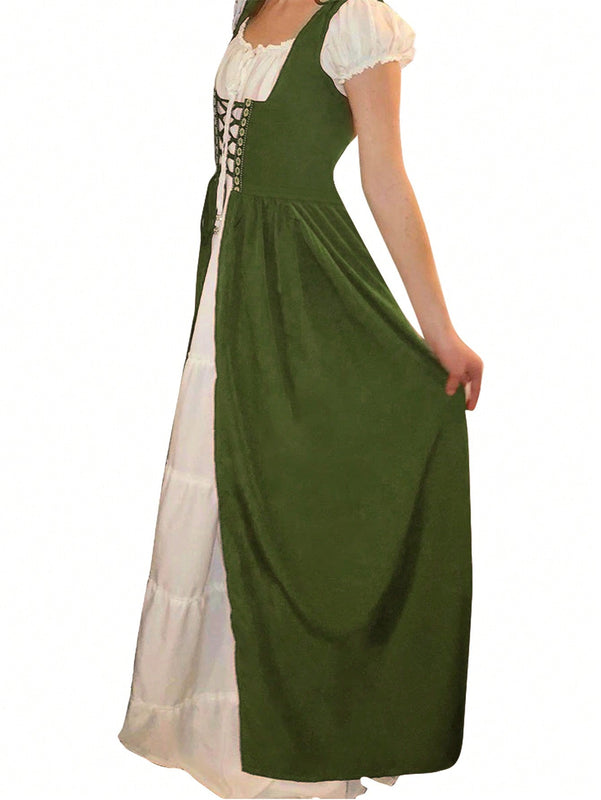 Vestido Volante fruncido Lazada Ojales Color combinado Liso Casual