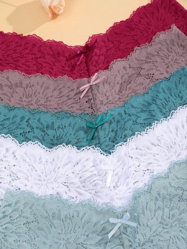 FINETOO Conjunto de 5 bragas de encaje para mujer con detalles de lazo y estampado floral de lazo