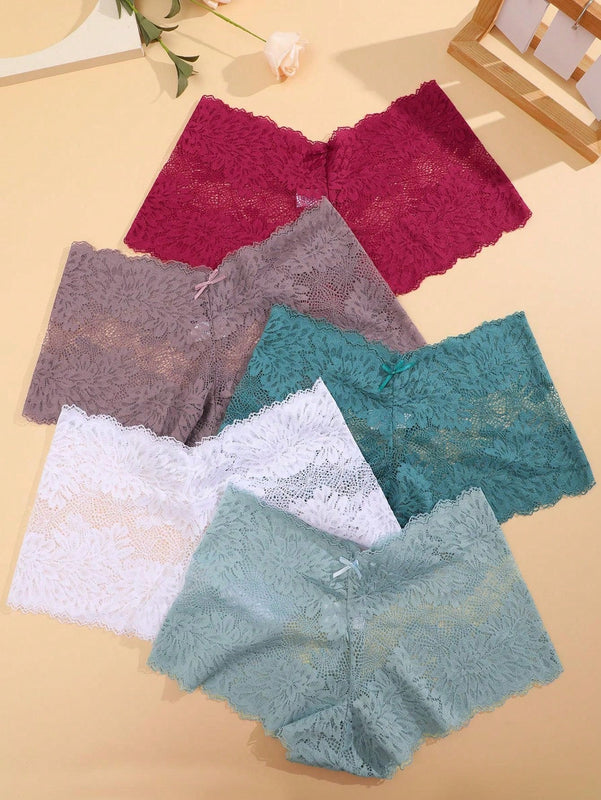 FINETOO Conjunto de 5 bragas de encaje para mujer con detalles de lazo y estampado floral de lazo