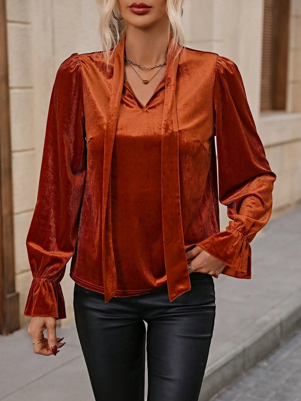 Clasi Blusa de cuello con cordon de manga amplia