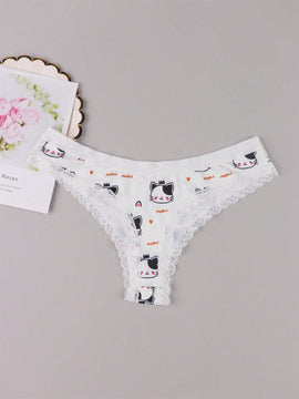 Ropa Interior Sexy De Tanga Con Diseno De Gatos Y Adornos De Encaje Lindos Para Mujer