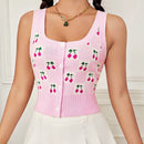EZwear Chaleco de punto con patron de cereza con boton delantero