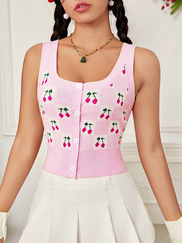 EZwear Chaleco de punto con patron de cereza con boton delantero