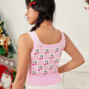 EZwear Chaleco de punto con patron de cereza con boton delantero