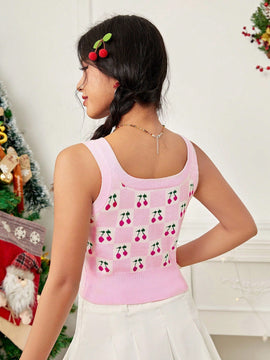 EZwear Chaleco de punto con patron de cereza con boton delantero