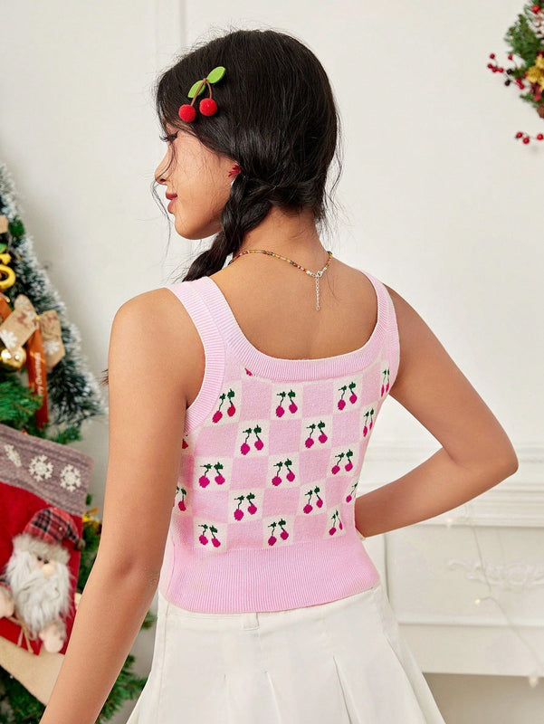 EZwear Chaleco de punto con patron de cereza con boton delantero