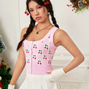 EZwear Chaleco de punto con patron de cereza con boton delantero