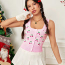 EZwear Chaleco de punto con patron de cereza con boton delantero
