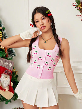 EZwear Chaleco de punto con patron de cereza con boton delantero
