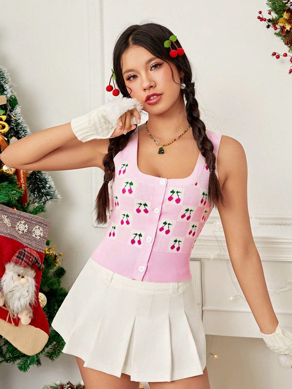 EZwear Chaleco de punto con patron de cereza con boton delantero