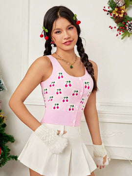 EZwear Chaleco de punto con patron de cereza con boton delantero