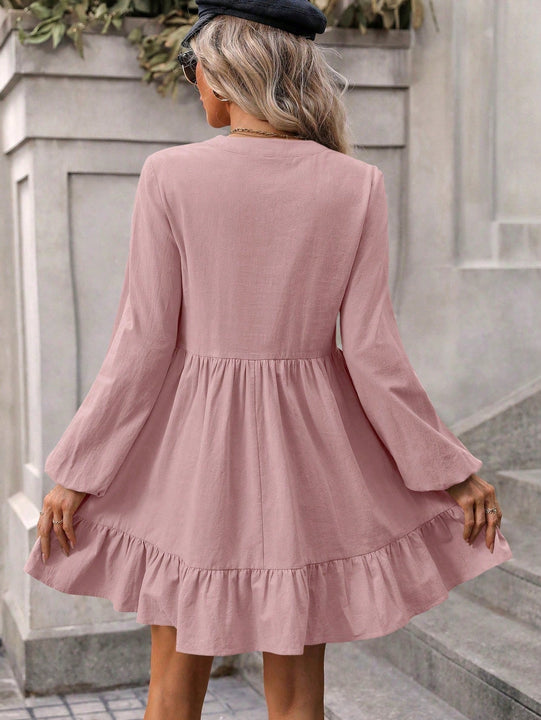 Vestido de cuello notch de manga farol bajo con fruncido