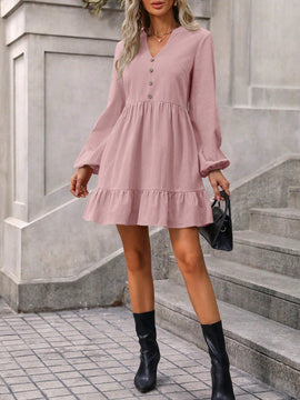 Vestido de cuello notch de manga farol bajo con fruncido