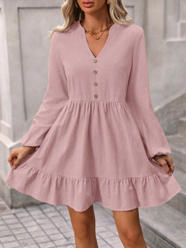Vestido de cuello notch de manga farol bajo con fruncido