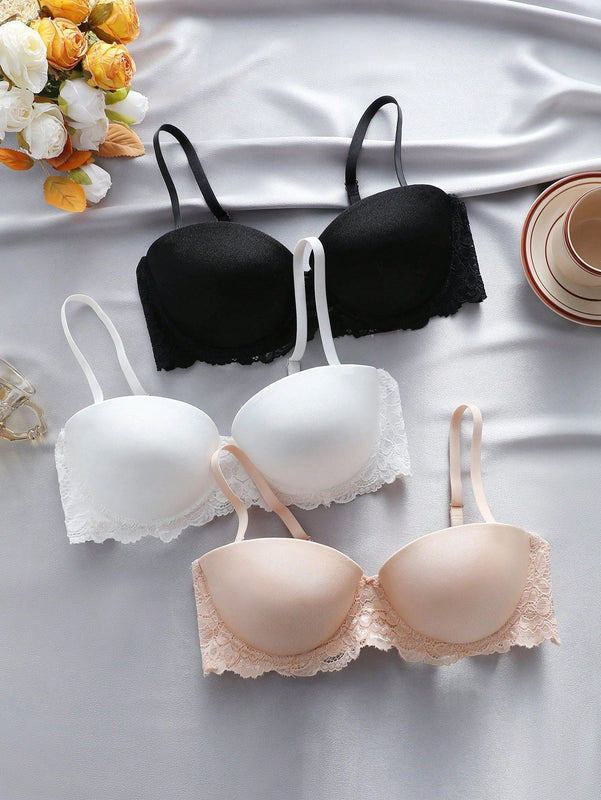 Underwear&sleepwear basics juego de lenceria de 3 piezas/set de sujetador de contraste de encaje de unicolor para mujer