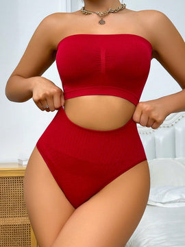 Conjunto De Brasier Sin Costuras Y Tanga De Triangulo De Cintura Alta Sin Tirantes Para Mujer
