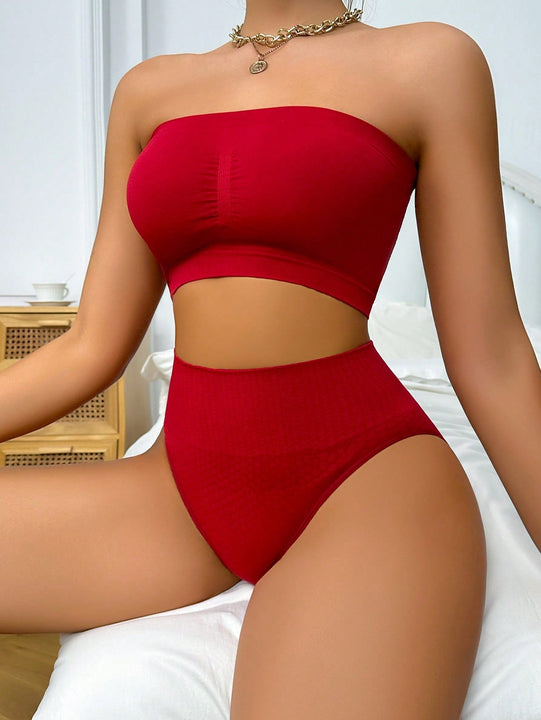 Conjunto De Brasier Sin Costuras Y Tanga De Triangulo De Cintura Alta Sin Tirantes Para Mujer