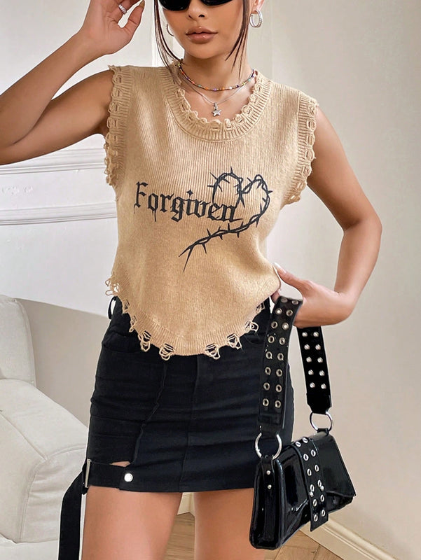 EZwear Chaleco sueter roto con corazon & con patron de letra