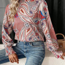 VCAY Blusa con cuello simulado y ribete de volantes con estampado de cachemira