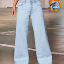 Jeans cepillado de tela termico unicolor de pierna ancha
