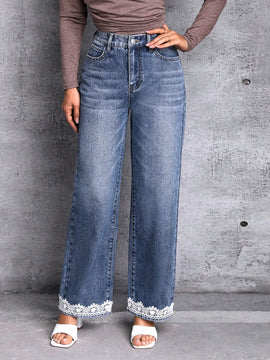 LUNE Jeans con bolsillo oblicuo bajo con encaje en contraste de pierna ancha