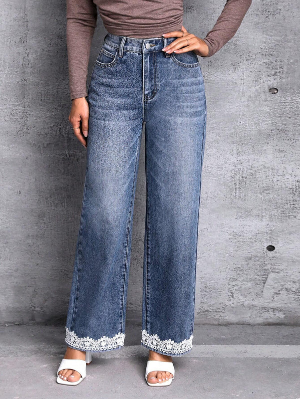 LUNE Jeans con bolsillo oblicuo bajo con encaje en contraste de pierna ancha
