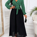 Lady Vestido con cinturon con estampado de pata de gallo de manga farol escote cruzado