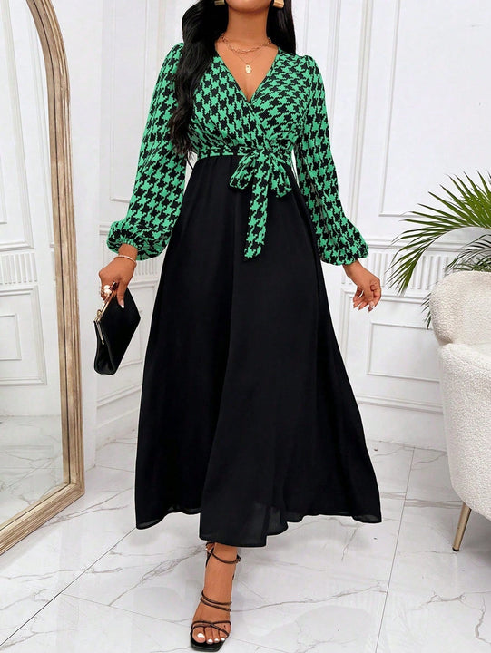 Lady Vestido con cinturon con estampado de pata de gallo de manga farol escote cruzado