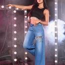 Jeans con diamante de imitacion ribete con fleco de pierna ancha