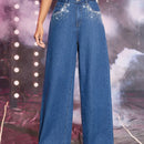 Jeans de talle alto con diseno de diamante de imitacion de pierna ancha