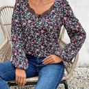 Frenchy Blusa con estampado floral ribete con encaje de manga farol