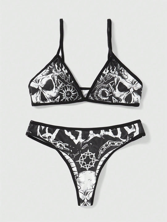 ROMWE Goth Conjunto De Lenceria Con Estampado De Calavera Para Mujer