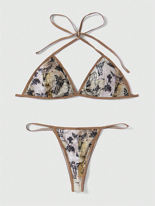 Set de lenceria con estampado de figura unido en contraste