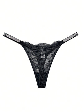Tanga De Encaje Negro Con Adornos De Rinoestone