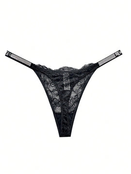 Tanga De Encaje Negro Con Adornos De Rinoestone